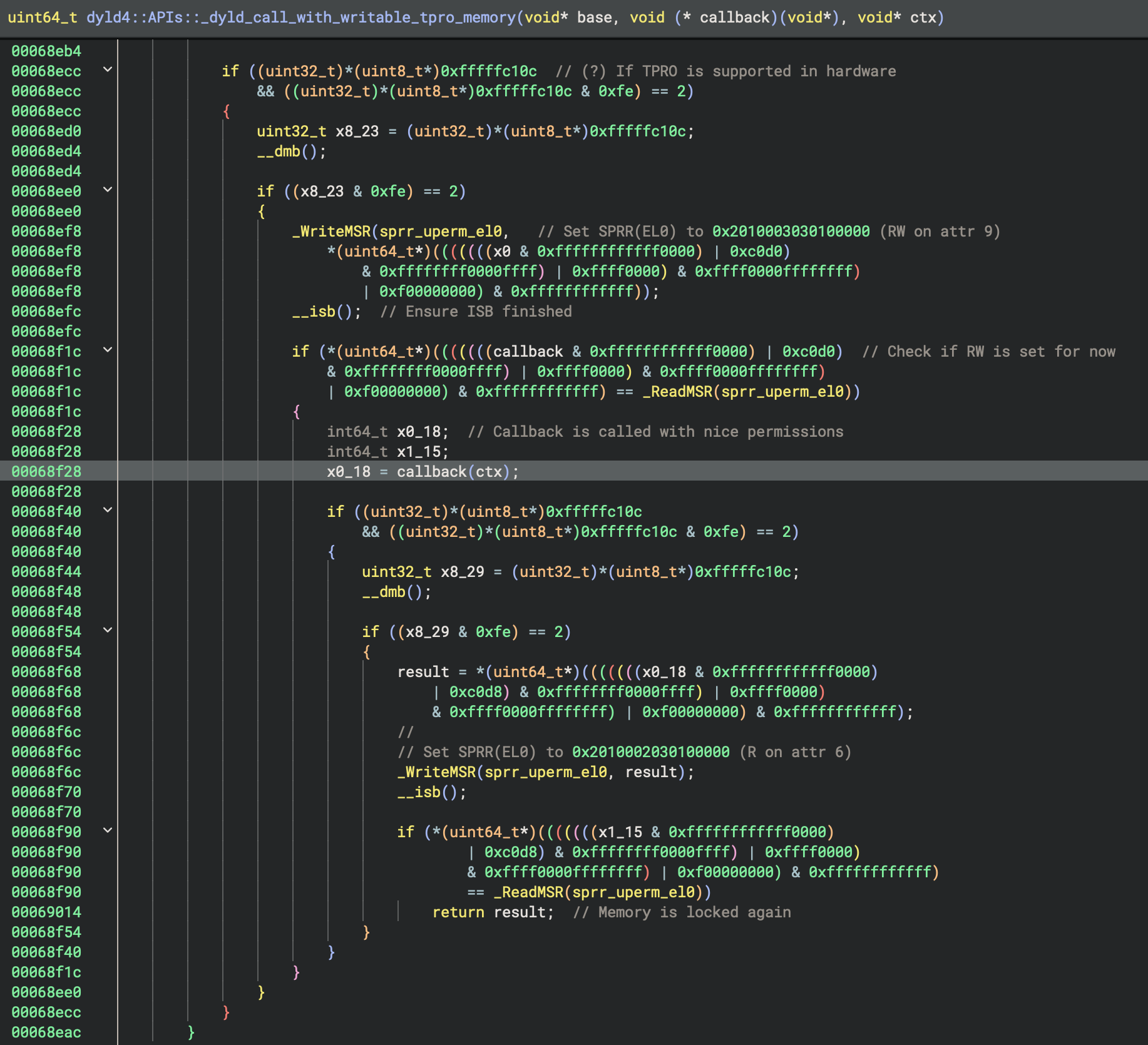 Disassembly of _dyld_call_with_writable_tpro_memory